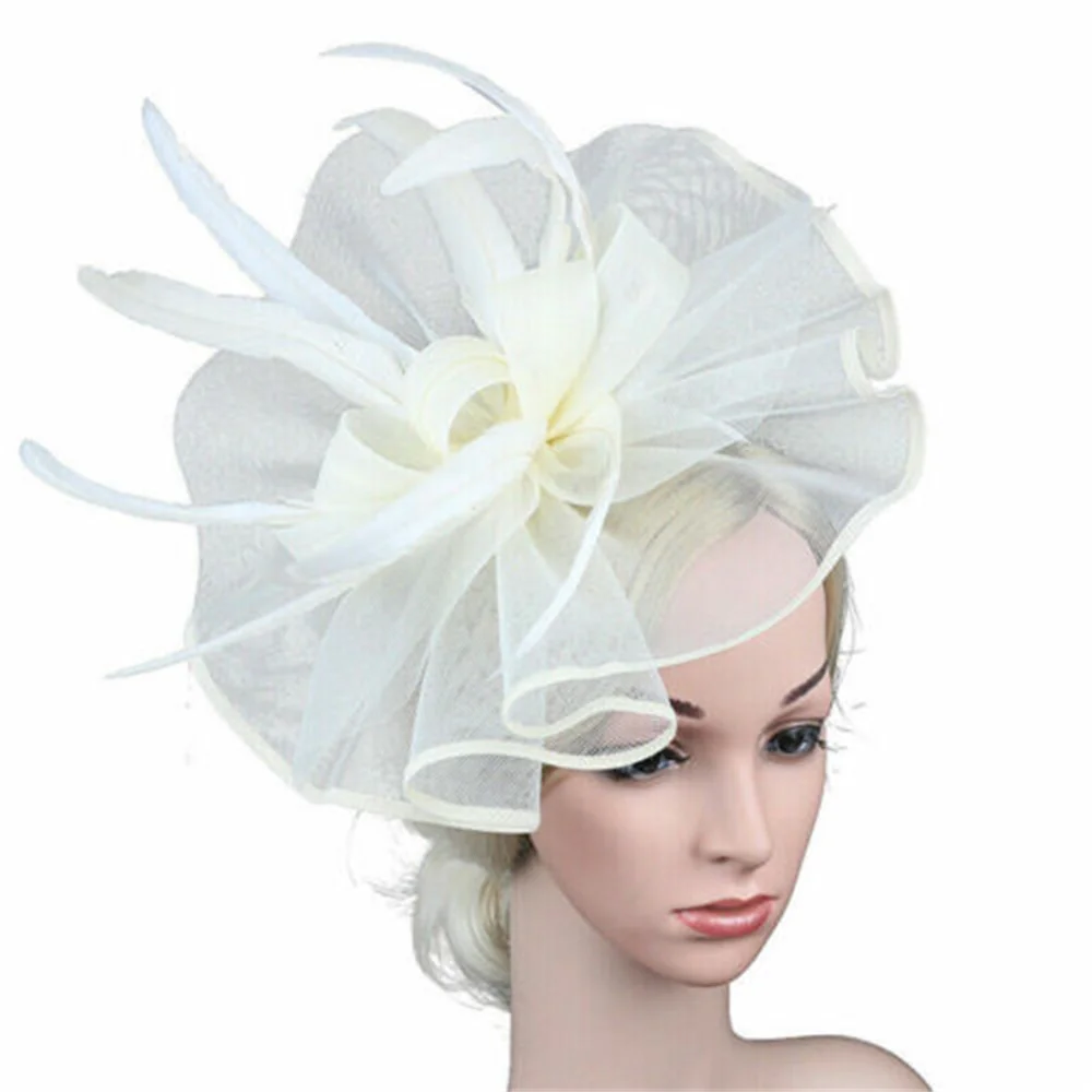 New Mesh Feather Flower Hair Hat Headband for Women Elegant Wedding Church Guest Headdress Fascinator Party Headwear Accessories