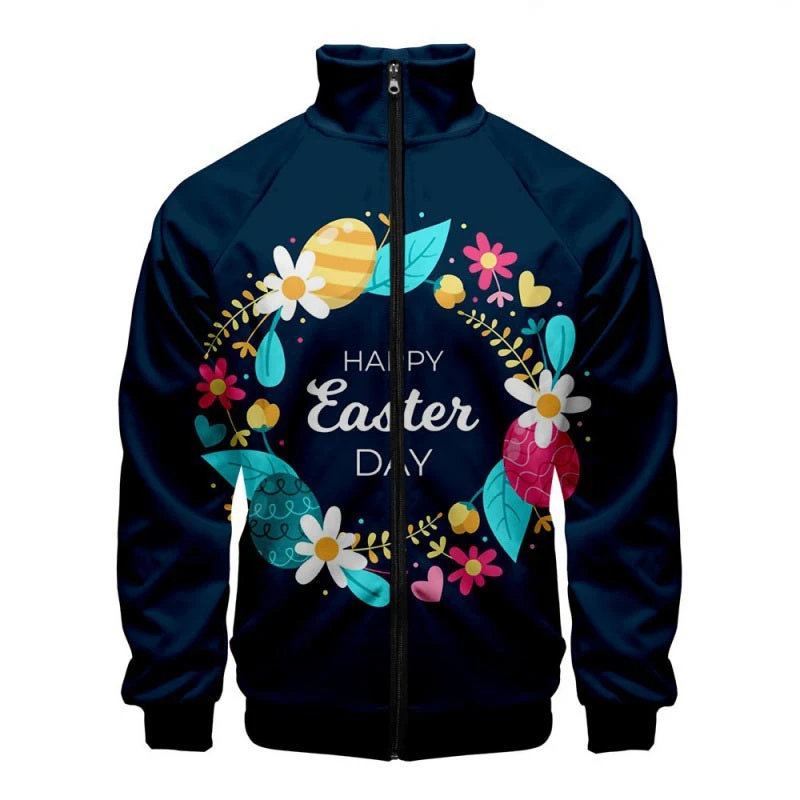 thumbnail image 1 of Chaqueta con cremallera y estampado 3D de Pascua en el oeste, divertida chaqueta de manga larga, cuello alto, ropa de moda, abrigo informal de talla grande para hombre, 1 of 5