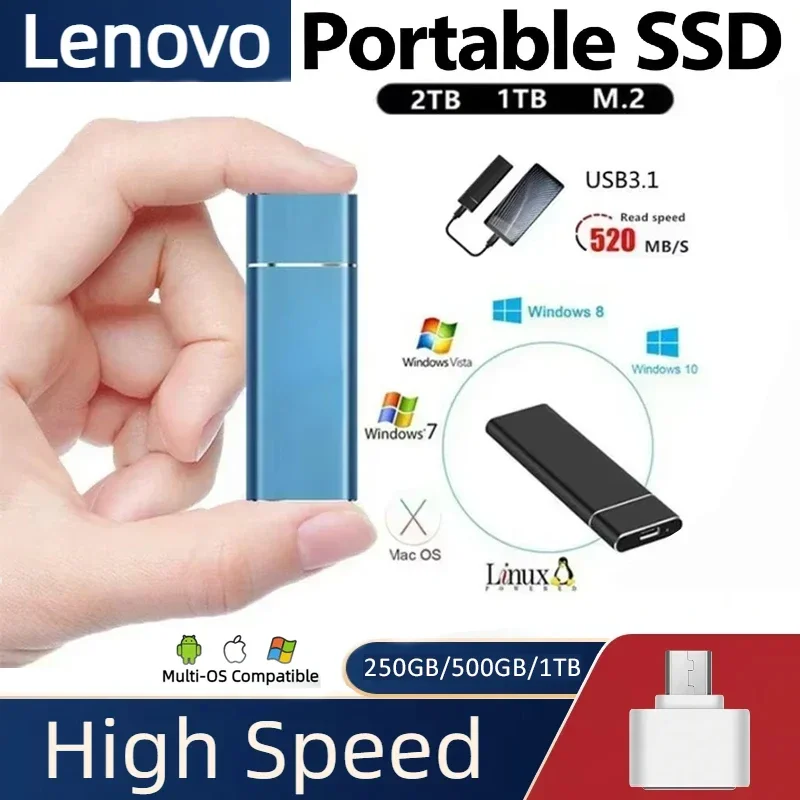 레노버 SSD 미니 휴대용 SSD 1TB 2TB 고속 오리지널 SSD 대용량 저장장치 USB3.0 컴퓨터 노트북용 외장 하드 드라이브