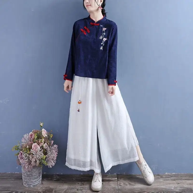 Vintage Embroidery Shirts Women Long Sleeves Casual Tops Chinese Style Button Linen Top Traditional Women's Wear Tea Clothing