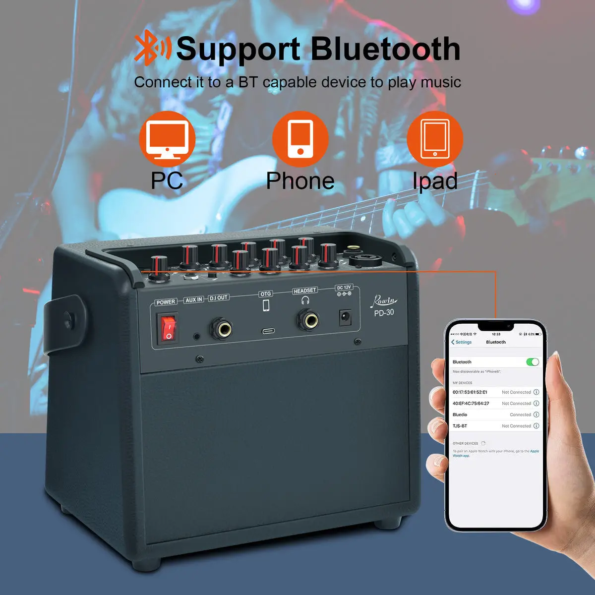 Rowin Guitar Multifunction Amplifier 30W OTG Bluetooth Battery Build-in Multi-Effects Combo AMP Reverb Chorus Delay REC Speaker