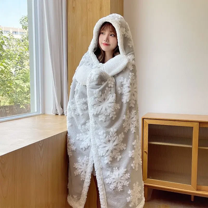 

Merry Christmas Xmas 3D Snowflakes Cape Cloak Hoodie Blanket Thick Flannel Hooded With Hat Glove Wearable Winter Warm Gift