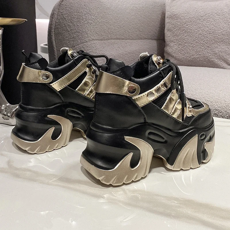 10CM New 2024 Spring Women Chunky Sneakers Heels Lace-up