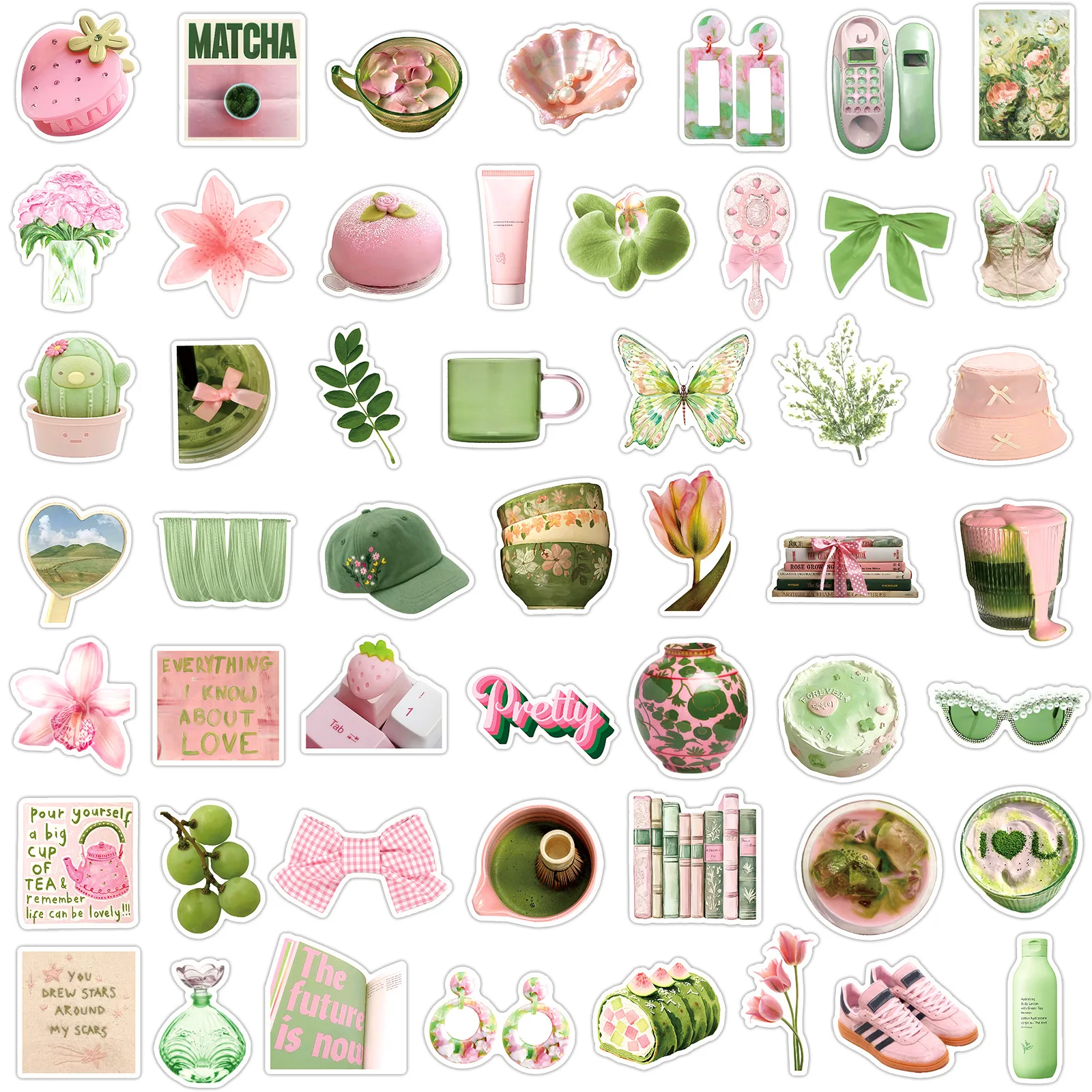 50Pcs 핑크 그린 미적 스티커 전화 노트북 스크랩북 스케이트 보드 헬멧 DIY 낙서 미적 스티커 크리 에이 티브 선물