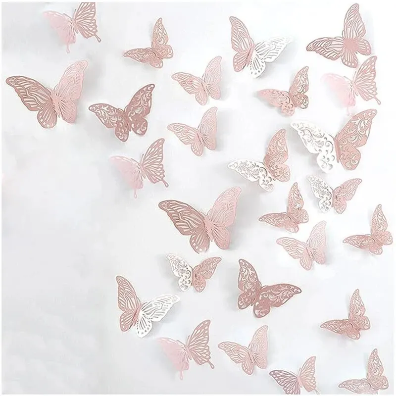 12Pcs 3D Hollow Butterfly Pet Plastic Laminated Paper Skeleton Butterfly Wall Sticker Background Home Decoration Event Wedding