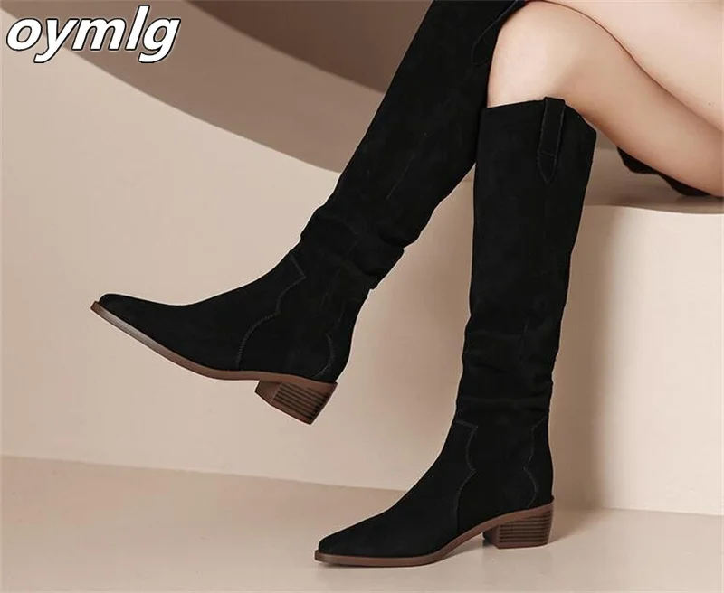 Knight Boots Women's 2023 Coarse Heels Autumn/Winter Western Boots High Sleeve Thin Retro Slim Wrinkle Stacked Boots Long Boots