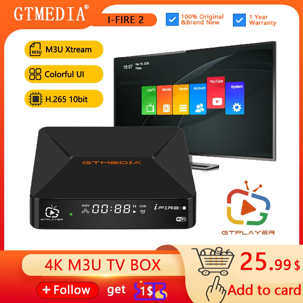 GTmedia IFIRE 2 M3U TV Box 4K H.265 HDR BOX Ultra HD WIFI BT Remote Control/Internet Set top Box Media Player Internet GTplayer abc antenna channel