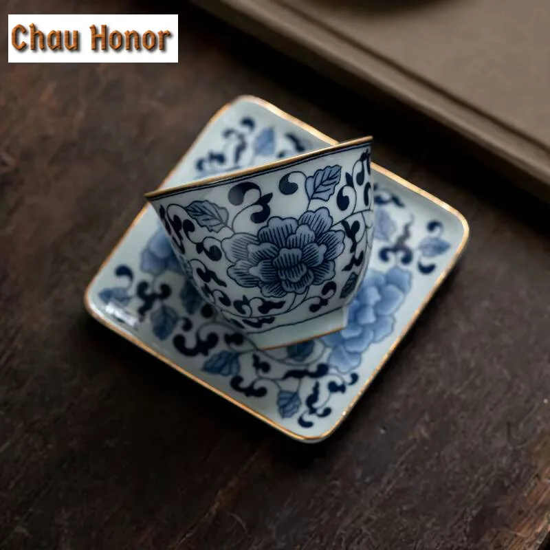 2pc/set Peony Blue and White Porcelain Teacup Entangled Branch Lotus Master Cup Household High-end Cup Coaster Kung Fu Teaware
