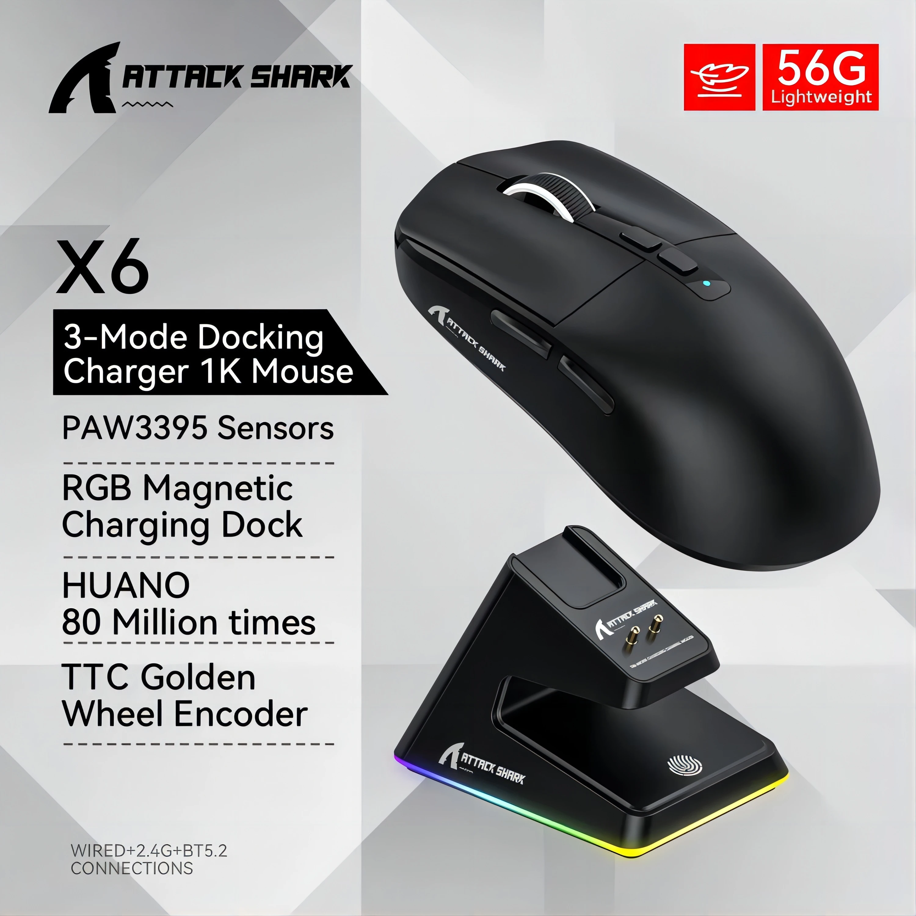 Attack Shark X6 Bluetooth Mouse Tri-Mode Connection RGB Touch Magnetic Charging Base Macro Gaming Mouse