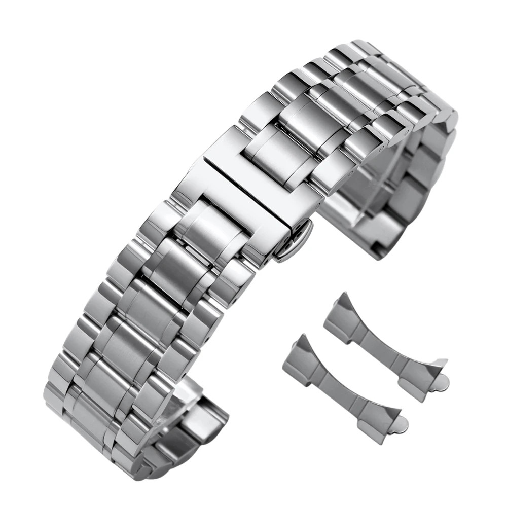 Elegant Stainless Steel Watch Strap with Curved End and Butterfly Clasp