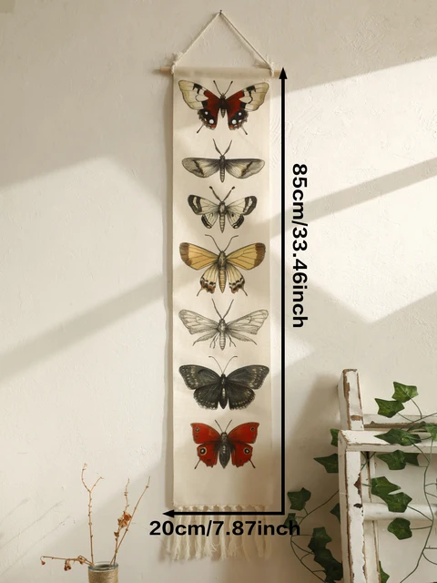 Tapisserie murale Vintage Boho papillon papillon, bannière en coton avec glands, décoration de maison naturelle rustique pour salon chambre à coucher, 1 pièce 6