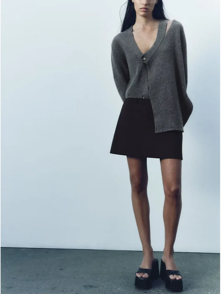 

New autumn women's wool blend open design gray lazy style knitted cardigan sweater jacket