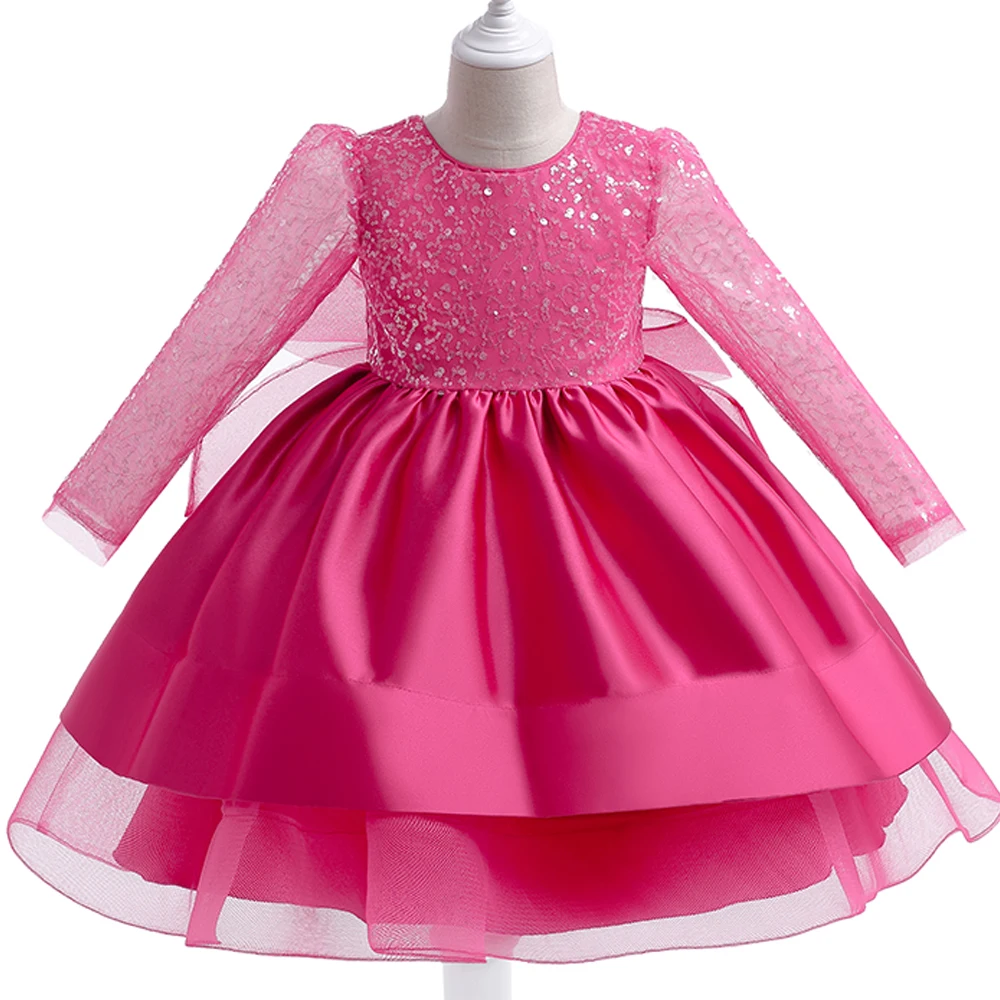 Formal Long Sleeve Lace Sequins Wedding Princess Dress Host Birthday Evening Bow Kids Dress for Girl Bridesmaid Children Clothes girls dress,princess costume,kids clothes
