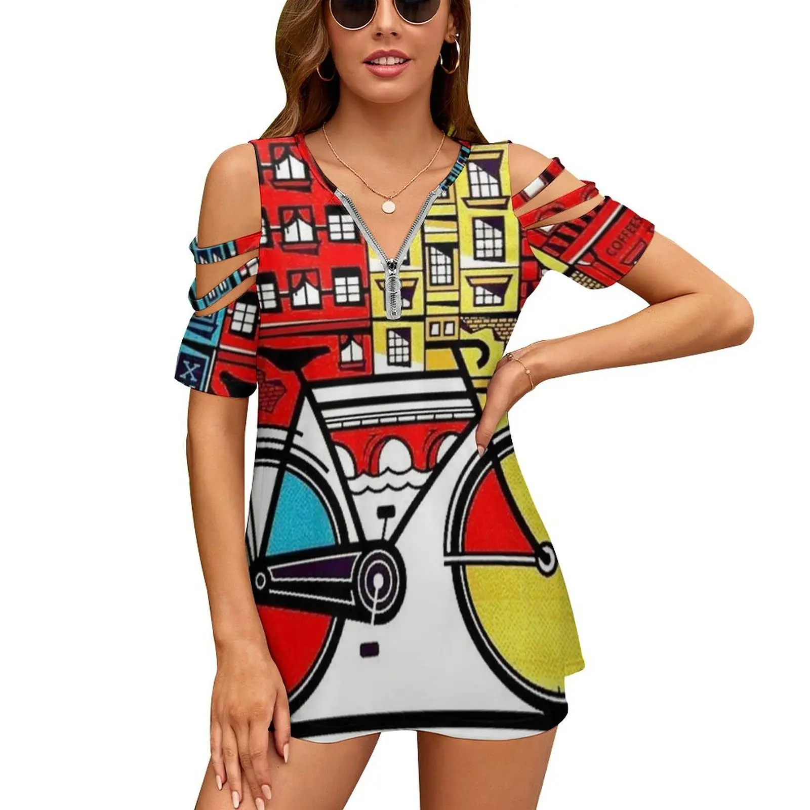 

: Женская Винтажная футболка с рекламным принтом для велосипеда, летний модный цветочный принт с V-образным вырезом, Женский пуловер с вырезами, Топ