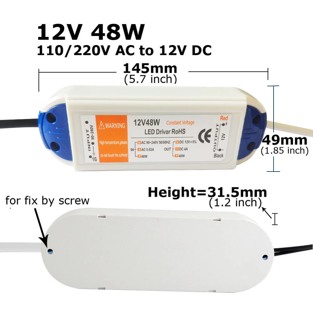 Universal 12V LED Driver Power Supply for LED Strip Lighting - 18W to 100W