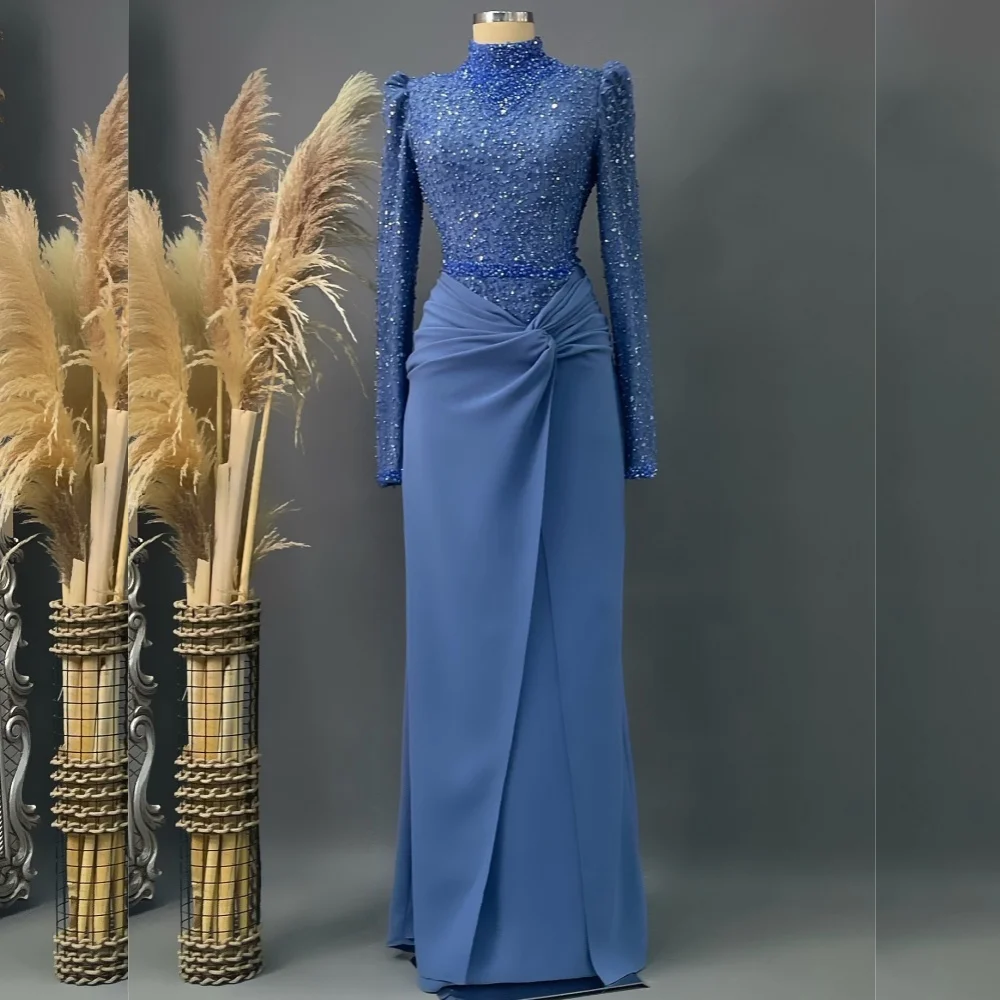 Customized Classic Exquisite Jersey Sequined Pleat A-line High Collar Long Dresses Bespoke Occasion Retro