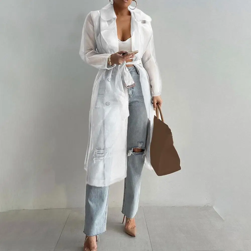 

2023 Women Mesh Trench Coat Fashion See Through Jacket Summer Lace-up Sunscreen Shirt Net Yarn Long Shirt Thin Coat With Belt