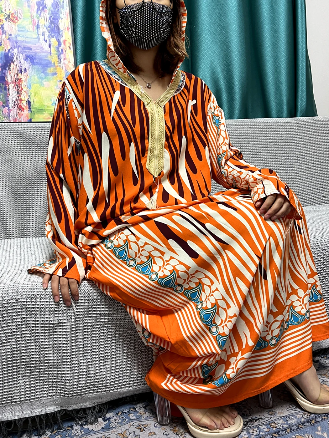 Muslim Abayas Ramadan Sets Women's Prayer Garment Printed Cotton Loose Jilbab African IslamDubai Long Sleeves Dresses With Hat