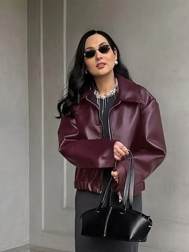 Street Leather Women's Jacket Vintage Fashion Zipper Long Sleeve Pu Female Coats 2024 Autumn Turn-down Collar Lady Outwears 4