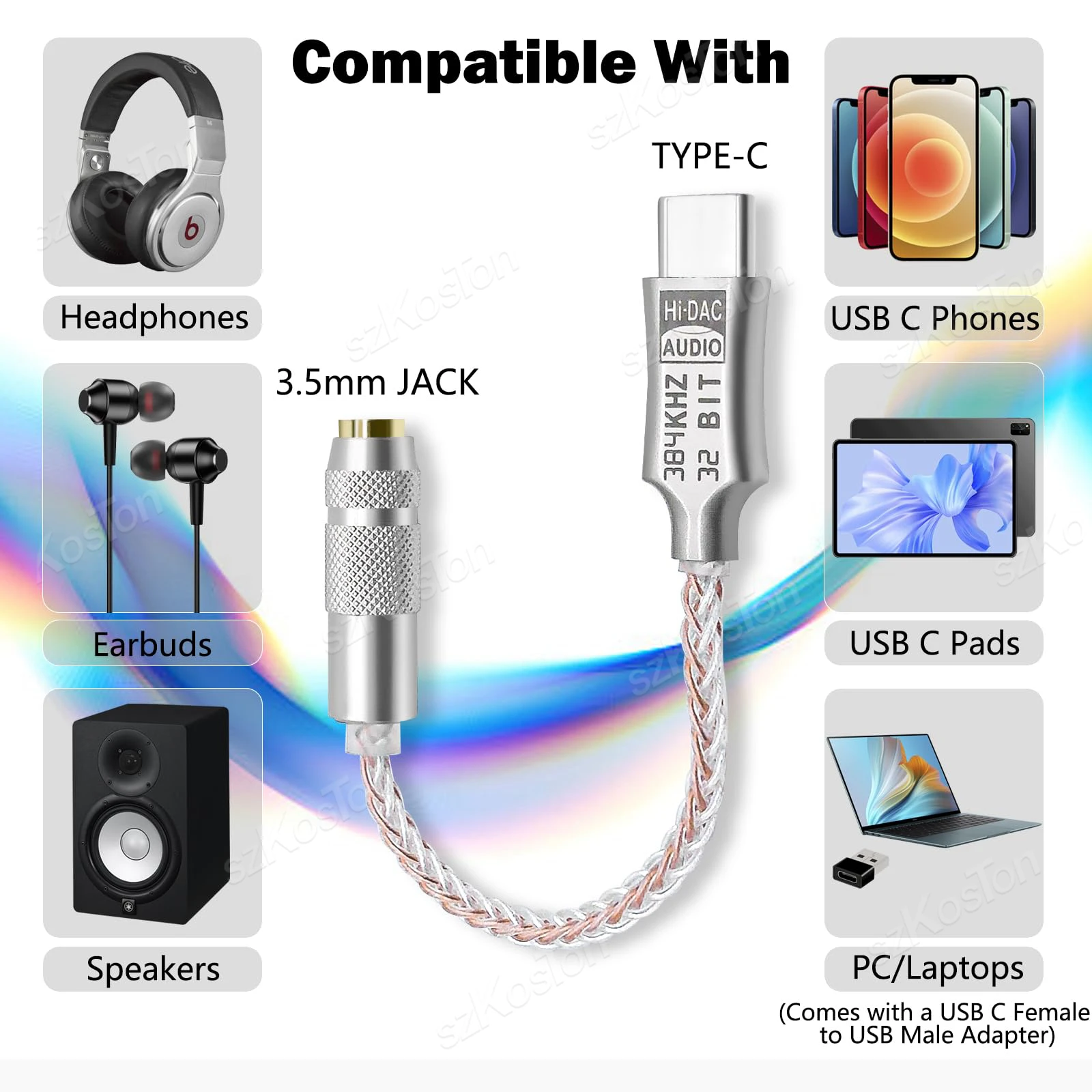 ALC5686 USB-C to 3.5mm Audio Adapter Headphone Amplifier HiFi DAC 32bit/384Khz Audio Decoder Type-C Converter for Samsung