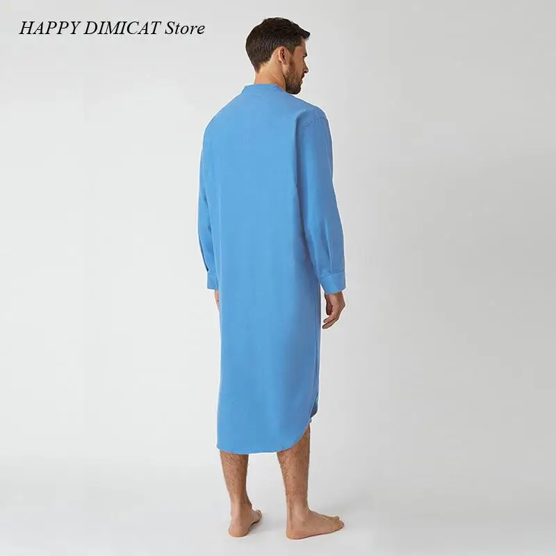 Solid Color Sleep Robe Leisure Men\'s Stand Collar Muslim Nightgown Home Wear Long Sleeve Pocket Buttons Down