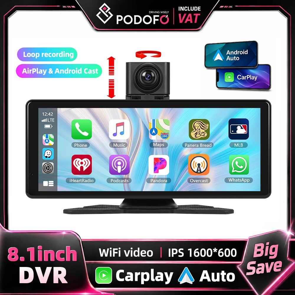 Podofo Moniteur de voiture portable 8,1 pouces, lecteur intelligent, CarPlay sans fil, Android Auto, AirPlay, WiFi, caméra frontale DVR 2K, prise en charge Mirror Link, caméra de recul, vision nocturne, enregistrement en boucle, écran de marche arrière automatique, système de navigation pour voiture 1 Podofo Moniteur de voiture portable 8,1 pouces, lecteur intelligent, CarPlay sans fil, Android Auto, AirPlay, WiFi, caméra frontale DVR 2K, prise en charge Mirror Link, caméra de recul, vision nocturne, enregistrement en boucle, écran de marche arrière automatique, système de navigation pour voiture 1