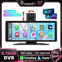 Podofo Moniteur de voiture portable 8,1 pouces, lecteur intelligent, CarPlay sans fil, Android Auto, AirPlay, WiFi, caméra frontale DVR 2K, prise en charge Mirror Link, caméra de recul, vision nocturne, enregistrement en boucle, écran de marche arrière automatique, système de navigation pour voiture 1