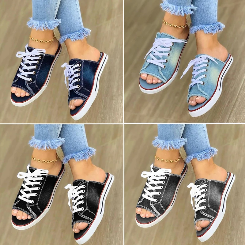 Women Sandals Women Flats Comfortable Sandals Fashion Women Canvas Sandals Breathable Summer Slippers Lace Up Open Toe Ladies Faux Denim Flat Shoes Zapatos Mujer