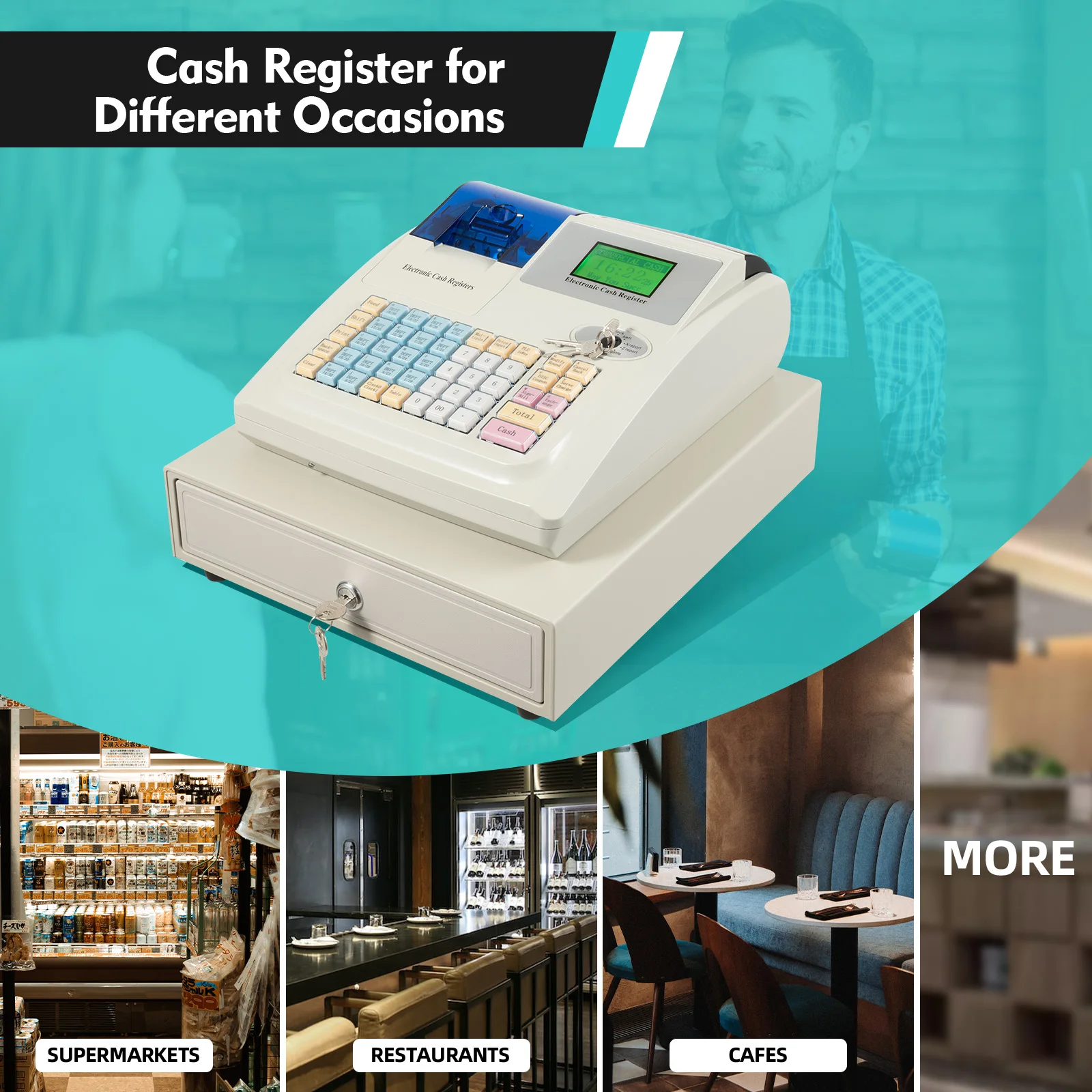 48-Key Electronic Cash Register POS Cash Register System with Thermal Printer Barcode Scanner Ports UV Money Detector for Store