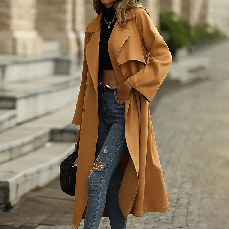 

Женский Длинный тренчкот для осени и зимы, лидер продаж, модный однотонный облегающий тренчкот с лацканами, на пуговицах, со шнуровкой, Корейская женская куртка