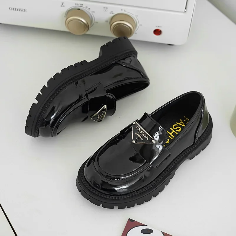 Children's Preppy Style Leather Shoes Spring Autumn Single Shoes British Style Black Bean For Boys