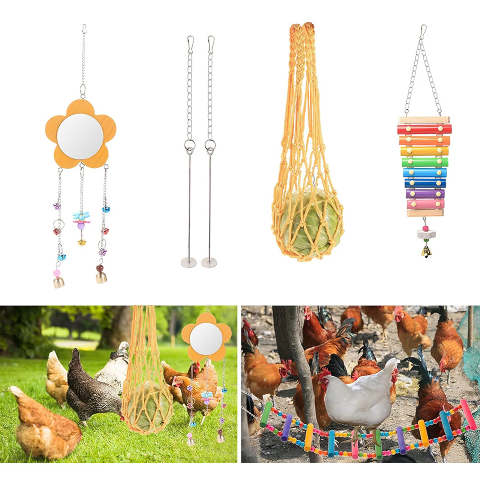 Wooden Chicken Toy Set with Hanging Feeder for Parakeet