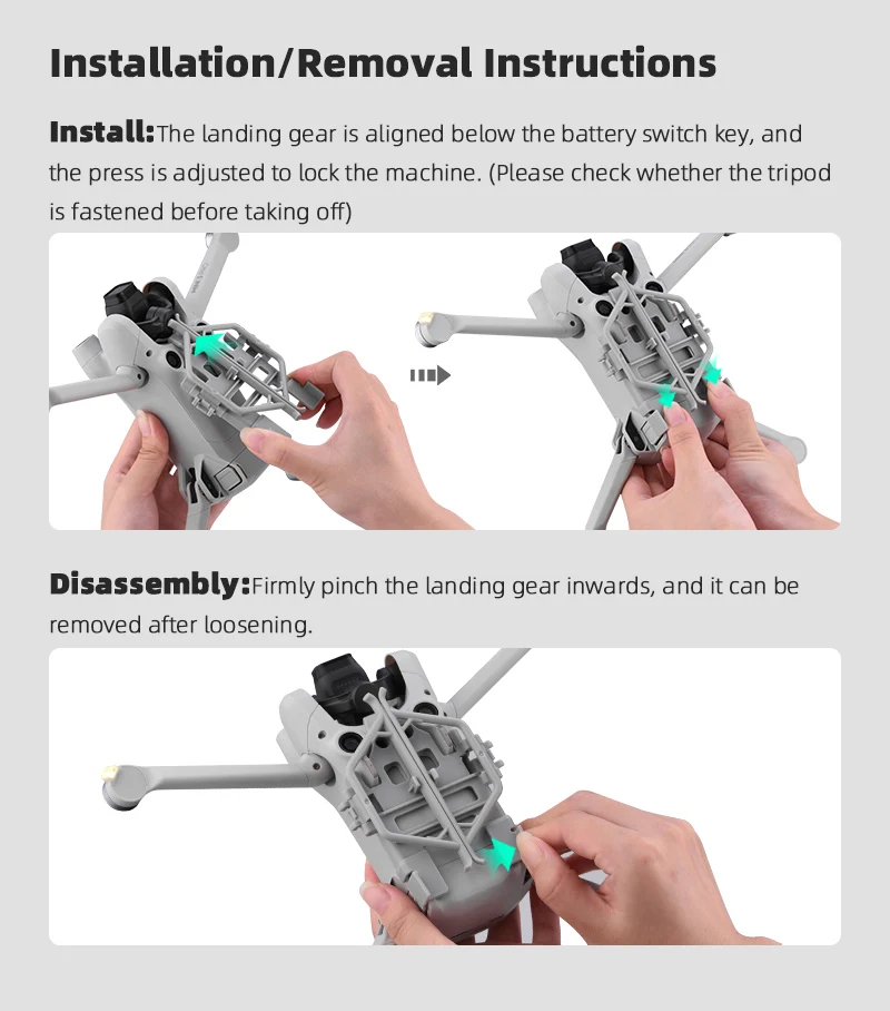 Propeller Stabilizer Holder for DJI Mini 3 PRO, landing gear is aligned below the battery switch key, and can be removed after loosen