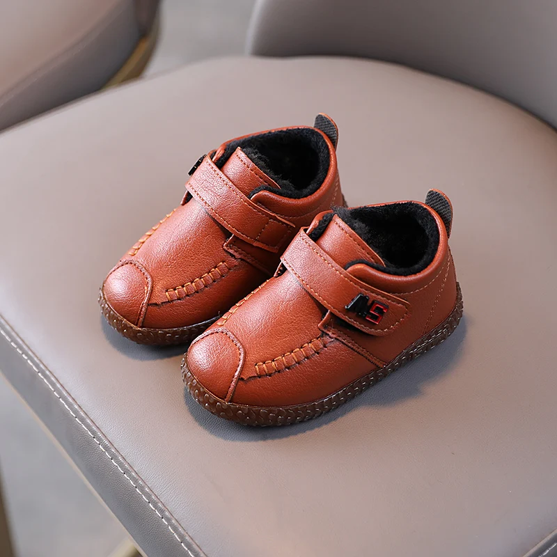 Children's Baby Padded Leather Shoes Fall and Winter Brown Boys Girls Soft Casual Shoes New Black Kids Boots