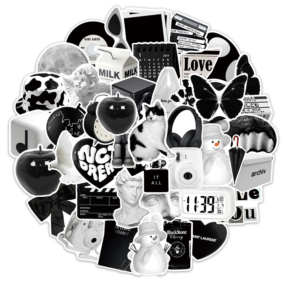 10/30/50pcs Ins Style Cute Stickers Aesthetic Black White Simple Decals Decoration Scrapbook Suitcase Laptop Fridge Wall Sticker