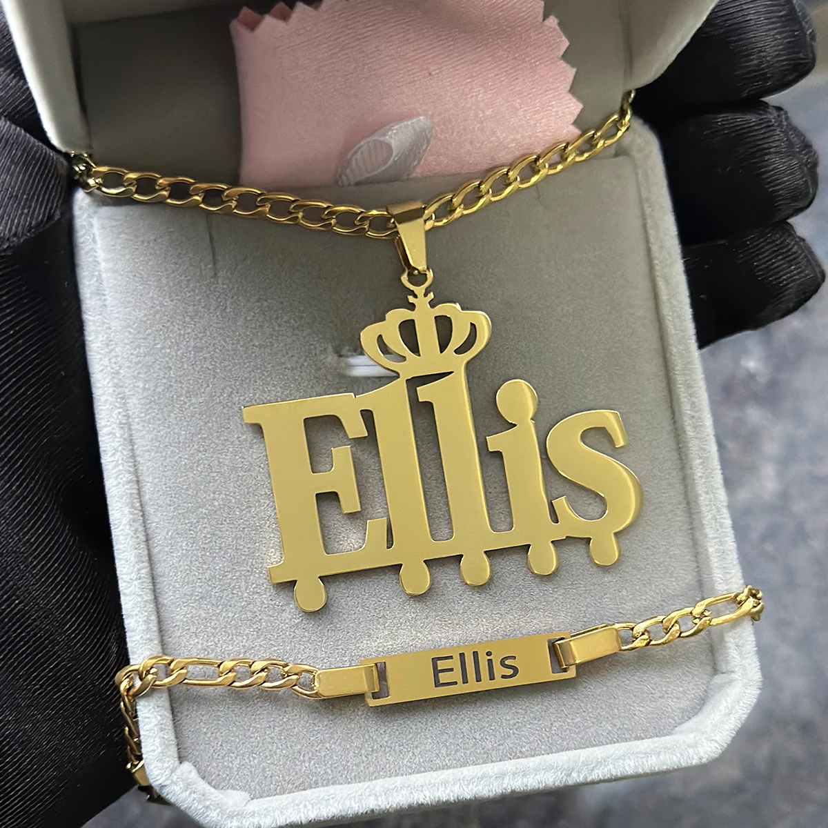 Custom Little Boy Name Necklace Set Stainless Steel Crown Nameplate Pendant Laser Name Children's Bracelet Set Christmas Gift