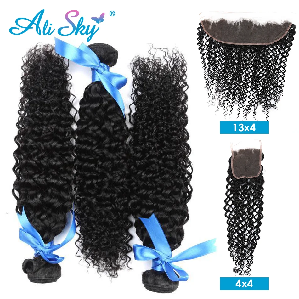 

3 Bundles Kinky Curly With 13X4 Ear To Ear Lace Frontal PrePlucked With Baby Hair Long 30inch Curly Bunldes With 4x4Lace Closure