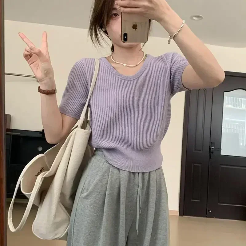 FA636 2024 Summer New Women's Casual U-neck Knitwear Versatile Solid Color Age Reducing Short sleeved Top Temperament T-shirt 2