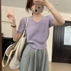 FA636 2024 Summer New Women's Casual U-neck Knitwear Versatile Solid Color Age Reducing Short sleeved Top Temperament T-shirt 2