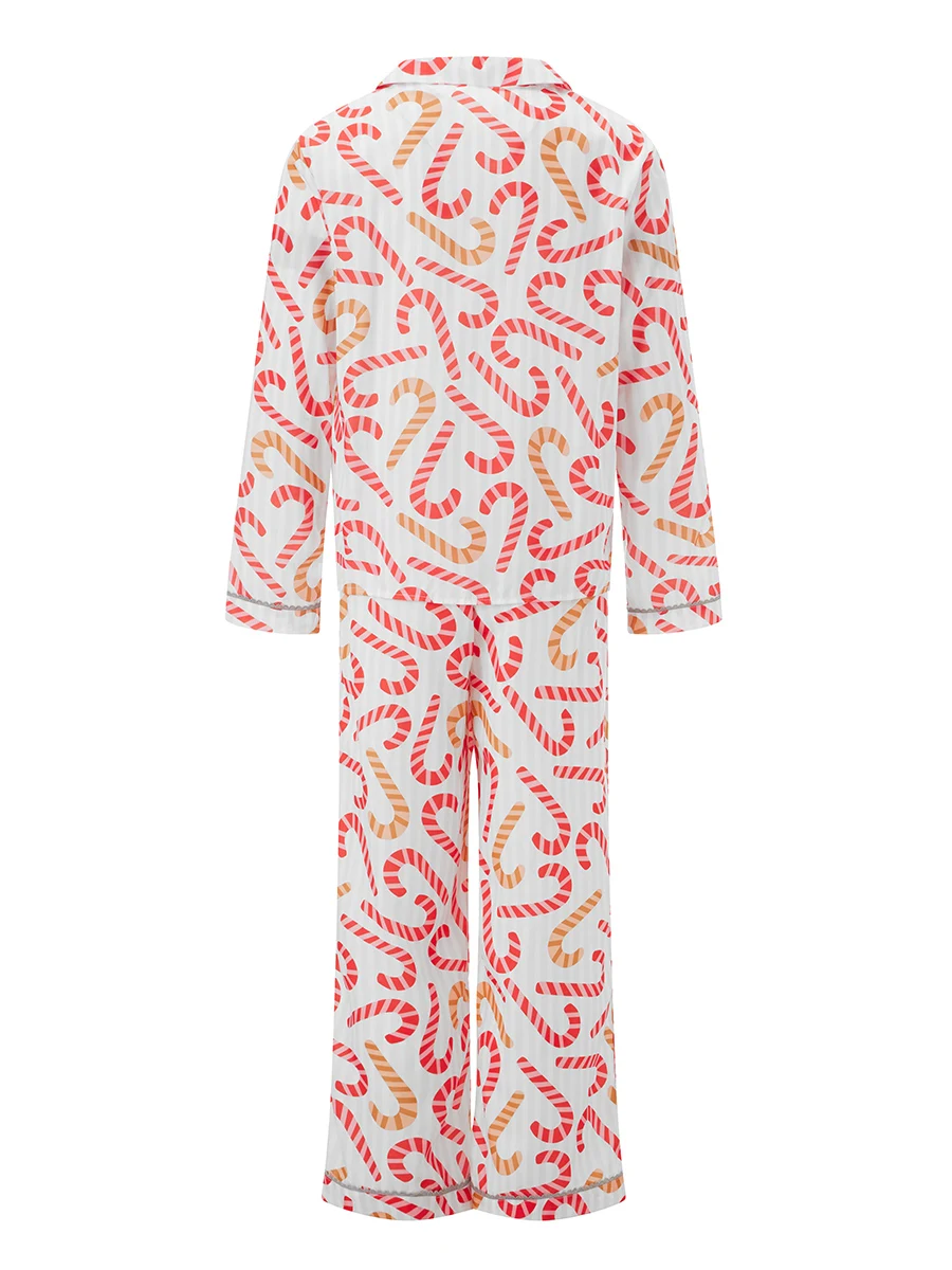 thumbnail image 4 of Conjunto de pijama navideño a juego para toda la familia, con estampado de bastones de caramelo, manga larga, cuello de solapa, pantalones, ropa de estar por casa, 4 of 5