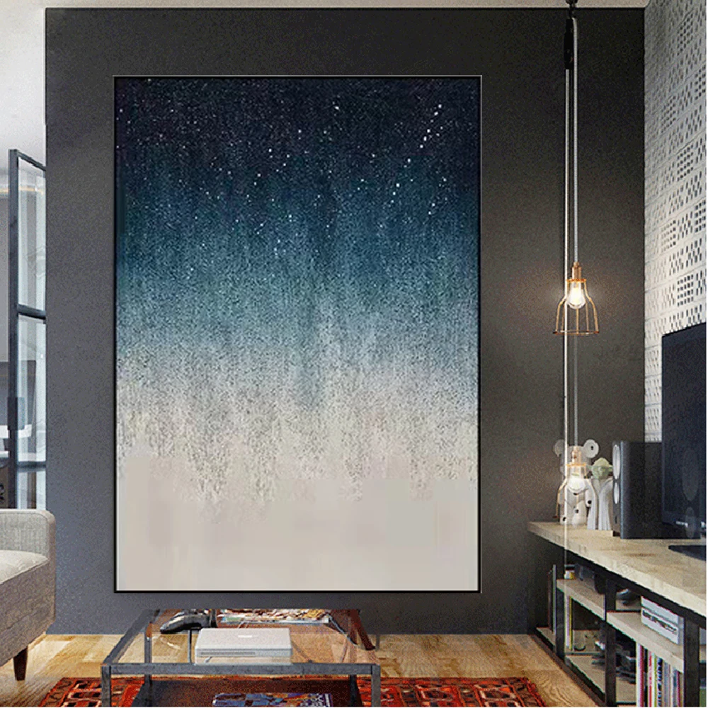 

Nordic New Design Wall Art Best Hand Painted Starry Sky Landscape Picture Blue Oil Painting Decor Porch For Living Room Artwork