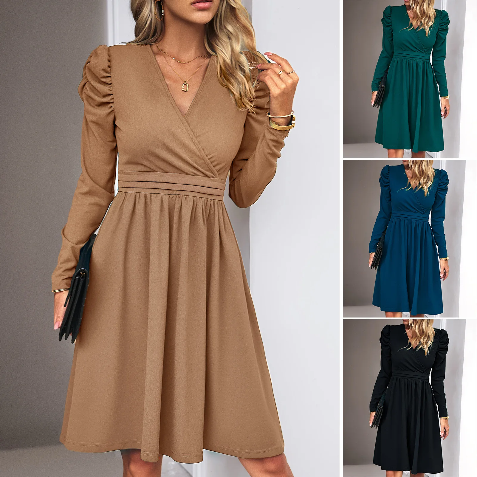 

Spring-summer Temperament Elegant Clear Color V-neck Long-sleeved Dress