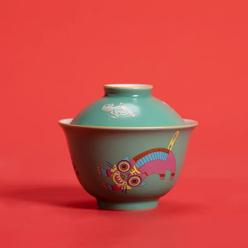 Funny Tiger Porcelain Gaiwan For Tea Green Tureen With Lid Teaware Tea Ceremony Set Cups Bowls Chinese Chawan