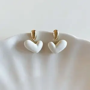 Heart Love Earrings - Minimalist White & Green Graffiti Glaze Studs