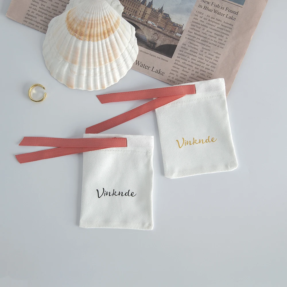 White Flannel Velvet Jewelry Pouches With Black Ribbon 50-Pack Custom Logo Drawstring Rings Earrings Eyelashes Organizer Bag