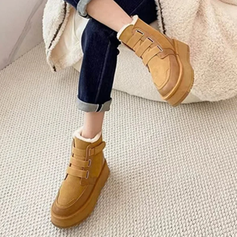 Autuspin Winter Snow Boots Women Genuine Suede Leather Leisure Shoes Outdoor Basic Keep Warm Wool Ankle Boots Woman Size 35-40
