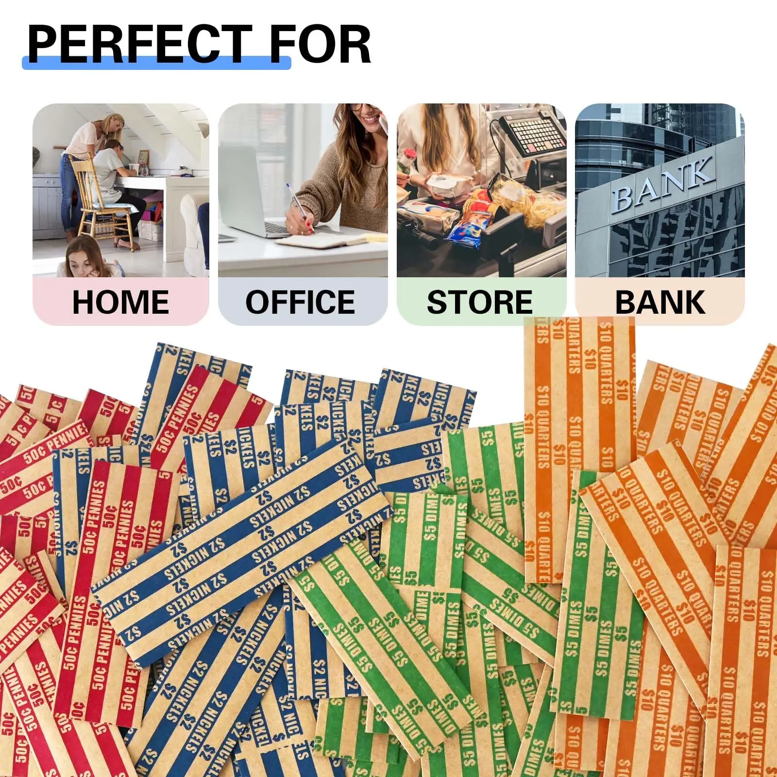 Assorted Packed Coin Wrappers Flat Stripped, Coin Rolls Wrapper for Quarters, Dimes, Nickels, Pennies