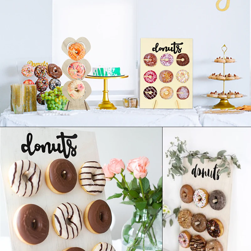

Wood Donuts Wall Display Stand Holder Table Decor Wedding Birthday Baby Shower Event Party Decoration Doughnut Rack Multi Style