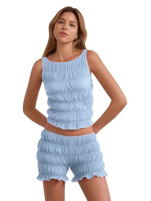 Nutssfiree Women’s 2-Piece PJ Set - Short Sleeve Crop Top & Elastic Shorts, Ribbed Lounge Wear For Sleep & Comfort