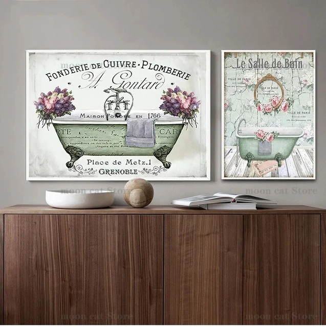 Retro francese bagno Poster Shabby Chic vittoriano vasca da bagno su tela  pittura acquerello floreale Wall Art immagini decorazioni per la casa -  AliExpress